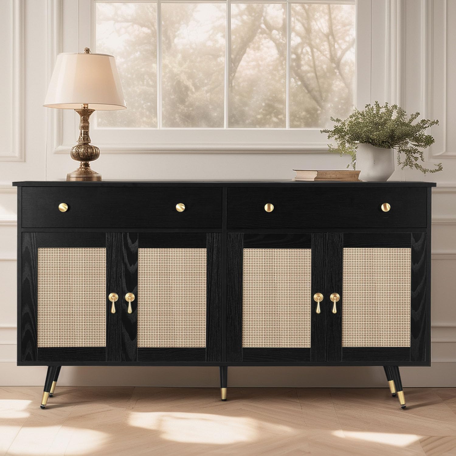 4ever2buy Black Sideboard Storage Cabinet with 4 Natural Rattan Doors, 55” Rattan Buffet Cabinet with 2 Drawers, Modern Accent Buffet Sideboard Cabinet with Adjustable Shelf for Living Dining Room