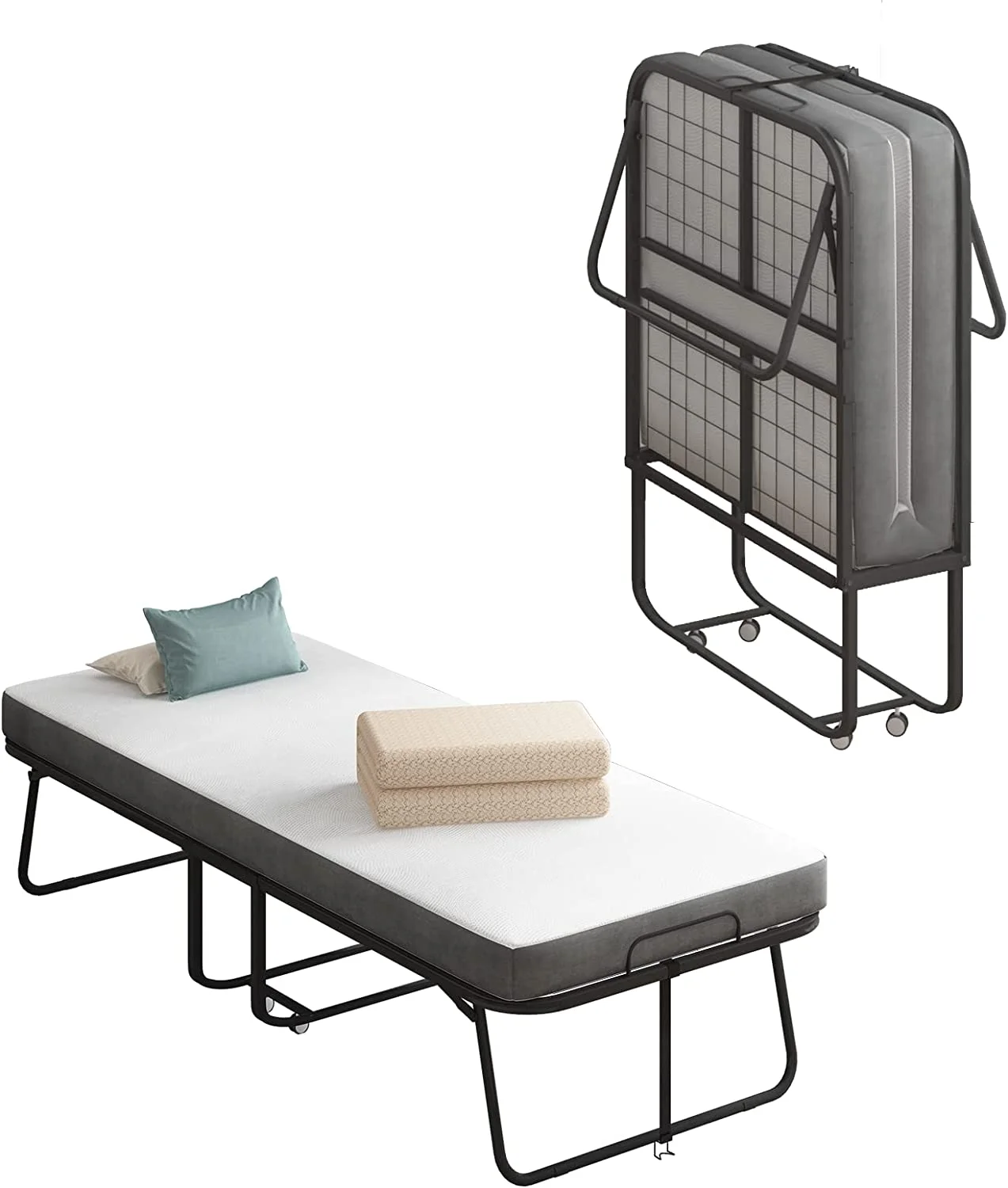 Popular Bed with 4 Inch Mattress Rollaway Folding Guest Bed Fold Up Bed with Lockable Wheels Space Saving Foldable Bed Portable Bed Rollaway Bed with Folding Mattress for Adults 75 x 31 I