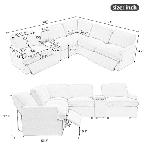 Large Sectional Sofa Couch L-Shaped Recliner Corner Sofa with 2 Power Recliners Storage Box Cup Holders USB Ports and Power Socket, Linen Upholstered Home Theater Reclining Sofa for Living Room, Beige