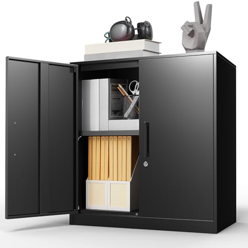 Metal Wall Cabinets with 1 Adjustable Shelf and 2 Doors,Steel Wall Mounted Storage Cabinet with Lock,Garage Cabinet Upper for Basement,Home,Warehouse, (Black&Grey,27.95