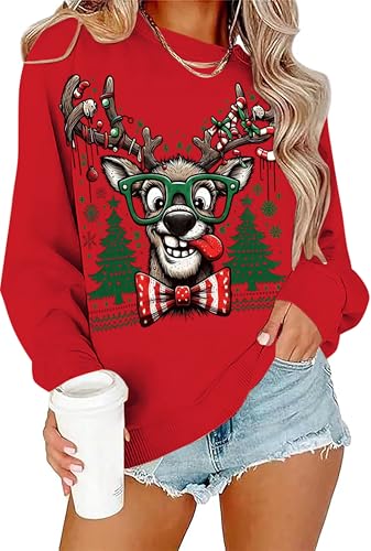 Ugly Christmas Sweater Women Funny Reindeer Graphic Sweatshirts Oversized Christmas Tree Sweaters Xmas Pullover Tops