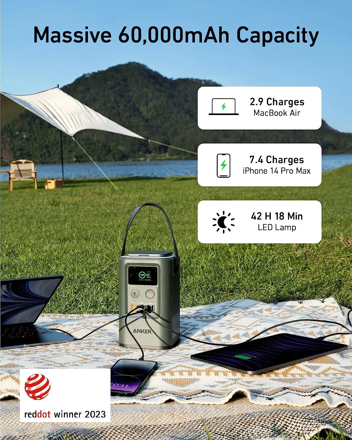Anker Power Bank (PowerCore Reserve 192Wh), 60,000mAh LiFePO4 Portable Charger with Smart Digital Display, Retractable Auto Lighting and SOS Mode, 60W Portable Power for Outdoor Camping and Emergency