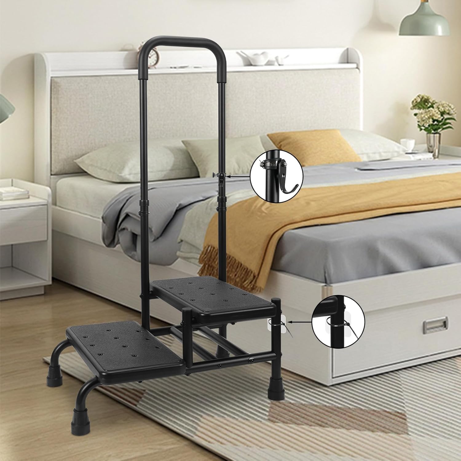 2 Step Stool with Handle for Elderly, Heavy Duty Step Stool with 4 Fixing Buckle and Adjustable Handrail, Bed Steps with a Hook for Adults Seniors Handicap, Hold up to 350LBS