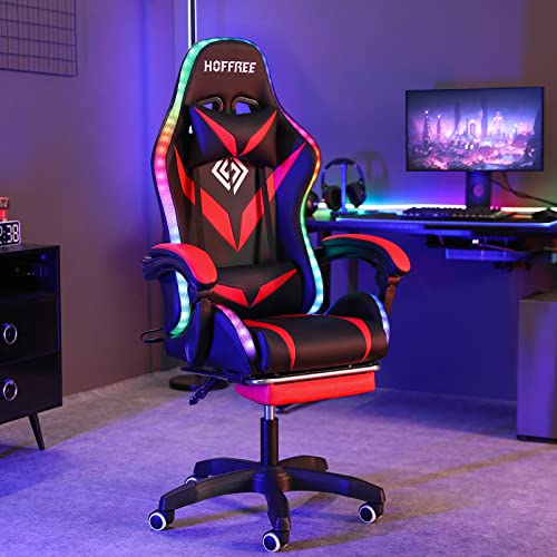 Gaming Chair with Massage and LED Lights Ergonomic Video Game Chairs with Footrest High Back Reclining Computer Chair with Adjustable Lumbar Support Blue and White