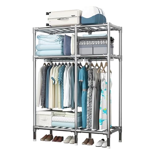 Portable Closet, Metal Wardrobe Closet for Hanging Clothes, Freestanding Garment Rack, Large Capacity Clothes Storage Organizer with 2 Hanging Rods, Storage Shelves (43.3 x 17.7 x 67 Inches)