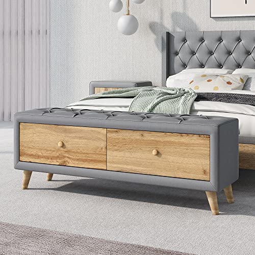Upholstered Wooden Storage Ottoman Bench with 2 Drawers Button-Tufted Linen Padded Footstool Modern End of Bed Bench Entryway Storage Bench for Living Room Dining Room, Gray