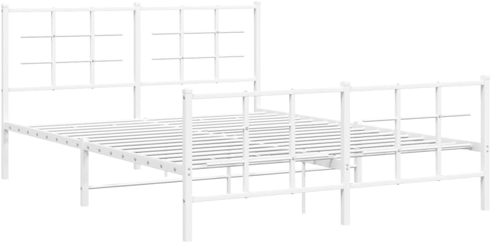 vidaXL White Steel Metal Bed Frame-Double Bed with Headboard/Footboard-81.5