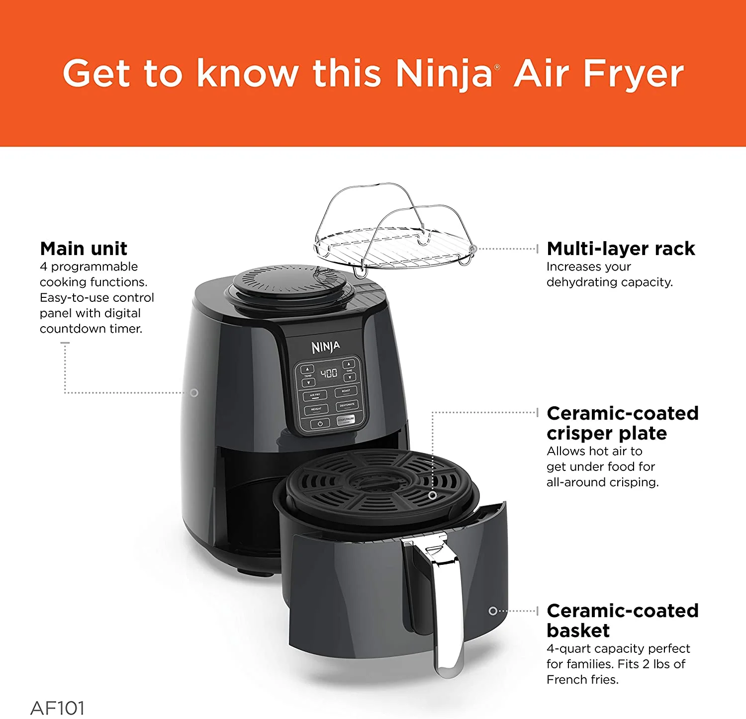 Ninja AF101 Air Fryer, 4 Qt, Black/gray