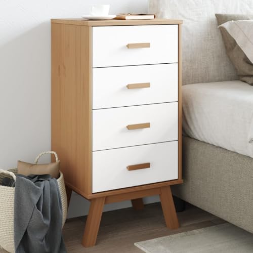 Bedside Cabinet White and Brown Solid Wood Pine,Modern, White and Brown Wooden Bedside Table with Drawers for Ample Storage Bedroom Furniture