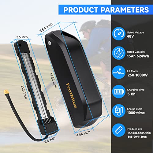 48V 20Ah Ebike Battery Pack Polly Electric Bike Downtube Lithium Batteries for 350W 500W 750W 1000W 1500W Motor Conversion Kit w/ 3A Charger | 40A BMS | XT60 (US Warehouse 2-5 Day Delivery)