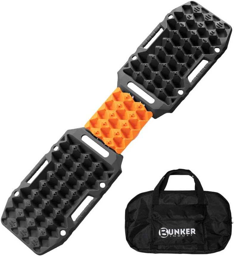 BUNKER INDUST Off-Road Traction Boards with Jack Lift Base,2 Pcs Multifunctional Recovery Tracks Traction Mat for 4X4 Mud, Sand, Snow -Orange Emergency Tire Traction Ladder Tool with Carry Bag