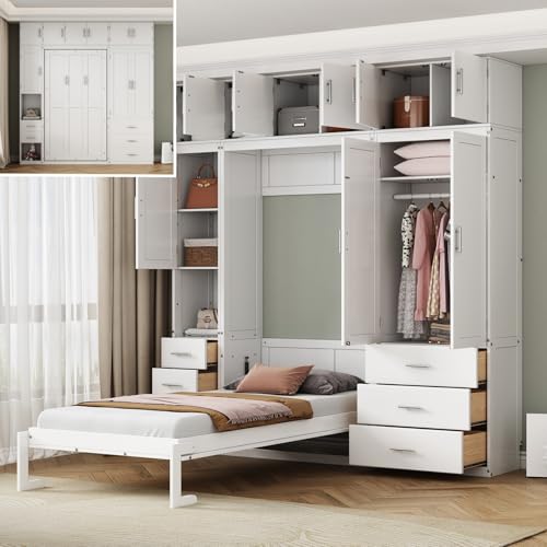 Merax Full Size Murphy Bed Cabinet with Lockers and Storage Wardrobes Shelves, Wood Foldable Hidden Wall Platform Bedframe Chest for Home, Bedroom, Office, Small Room, Apartment