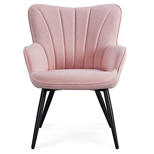 Topeakmart Fabric Upholstered Accent Chair Modern Armchair Dining Chair Curved Back Side Chair for Living Room Dining Room Bedroom Pink