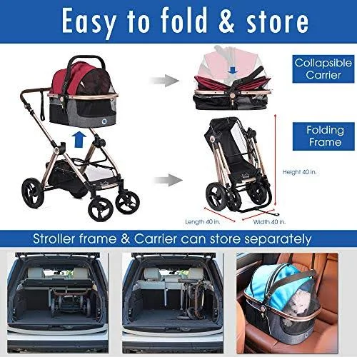 HPZ Pet Rover Prime 3-in-1 Luxury Dog/Cat/Pet Stroller (Travel Carrier +Car Seat +Stroller) w/Detach Carrier/Pump-Free Rubber Ti
