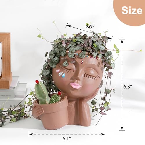 Face Planters Pots Head Planter for Indoor Outdoor Plants - Cute Plant Pots for Flower Succulent with Drainage Hole - Ideal Present Ideas(Khaki Lady)