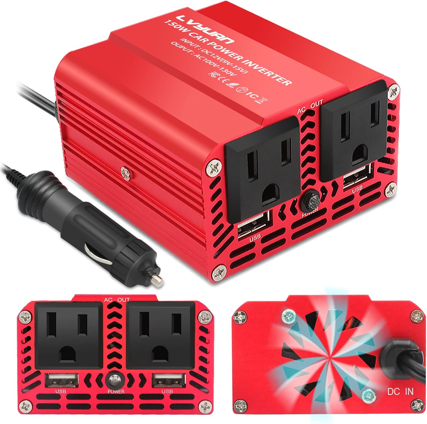 Yinleader 1500 Watts Car Power Inverter 12V to 110V,DC to AC Converter Dual AC Outlets and Dual 3.1A USB Ports for RV Caravan Truck Laptop Camping