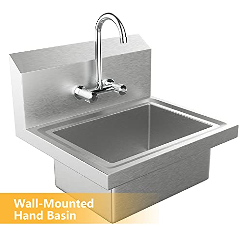 Bonnlo Upgraded Commercial Hand Wash Sink Stainless Steel Prep/ Bar Sinks - Wall Mount Utility Sink with Faucet, Heavy Duty Hand Washing Basin for Commercial Restaurant RV Kitchen, 17x 15 x 14