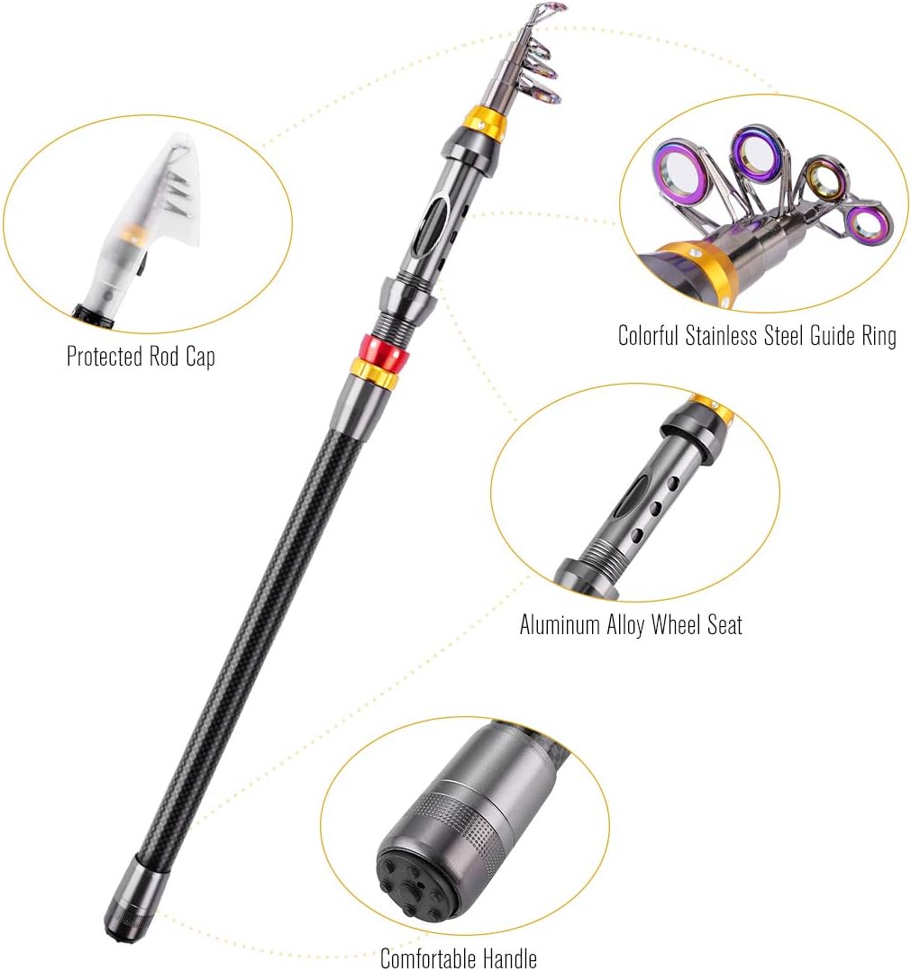 Fishing Rod kit, FISHOAKY Carbon Fiber Reel Combo Pole and Telescopic Fishing with Line Lures Tackle Hooks Reel Carrier Bag for Adults Saltwater Freshwater Travel (2.1)