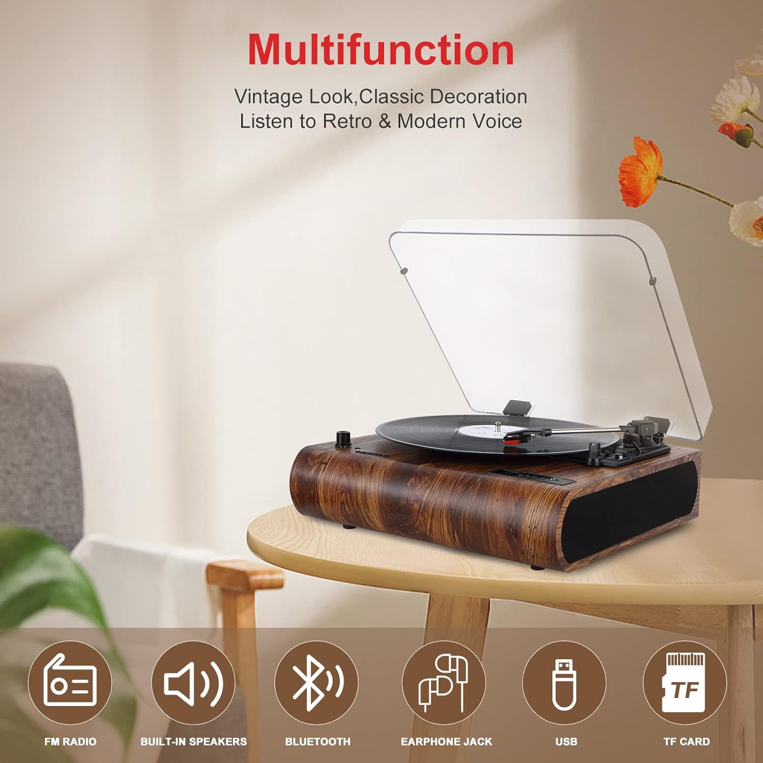 Bluetooth Record Player, 3 Speed Turntable with Built-in Speakers, Retro LP Vinyl Player with BT Input & Output, FM Radio, USB & SD Card Recording, Aux in, LED Display