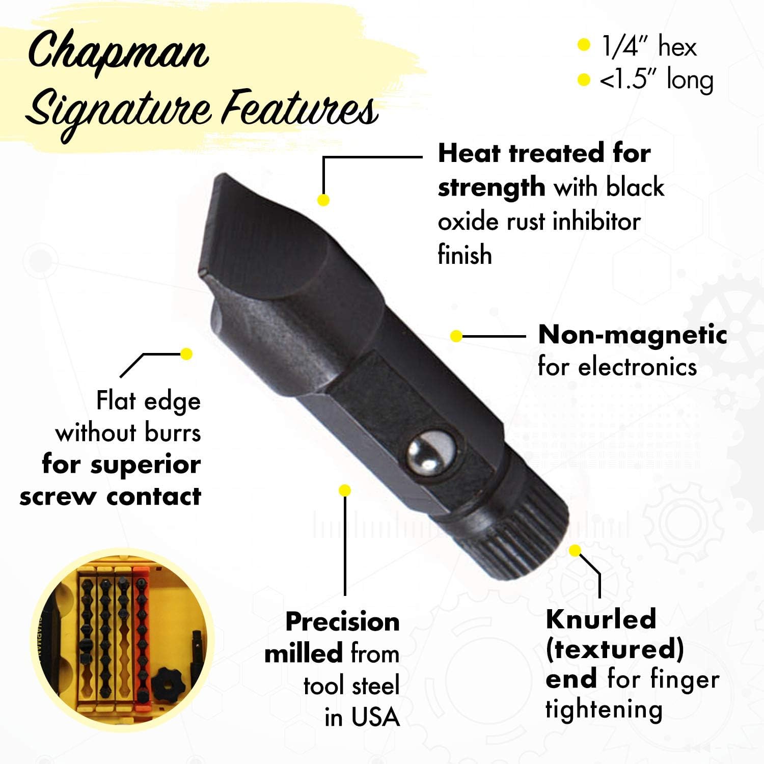 Chapman MFG 7331 All-Purpose Standard Screwdriver Set - Includes Phillips, SAE Allen Hex & Slotted/Flathead Bits - Complete Set Offers 24 USA Made Insert Bits + Mini Ratchet Hand Tool (Yellow Case)