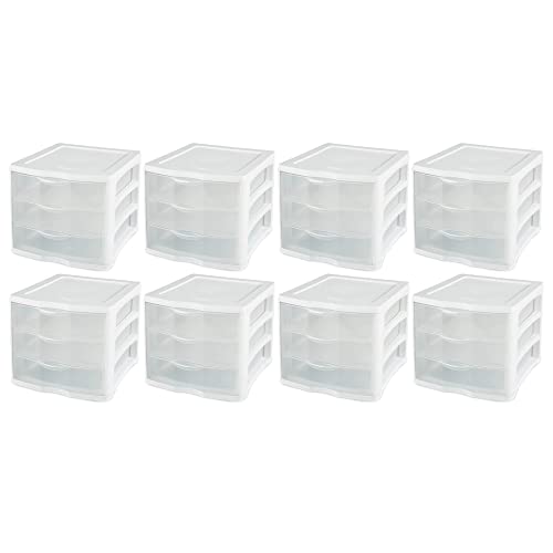 Sterilite ClearView Compact Stacking 3 Drawer Storage Organizer System for Crafting Supplies, Home Office, or Dorm Room, White (8 Pack)
