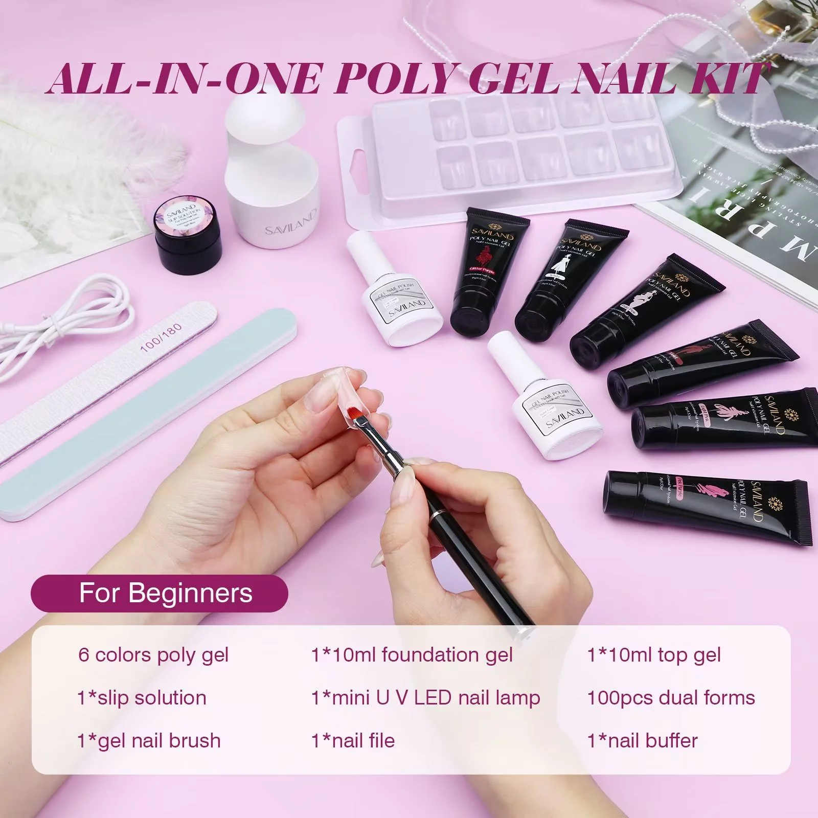 Saviland Poly Extension Gel Nail Kit ? 6 Colors Poly Nail Gel Kit with Nail Lamp ,Base and Top Coat ,Poly Brush Slip Solution For Builder Nail Gel