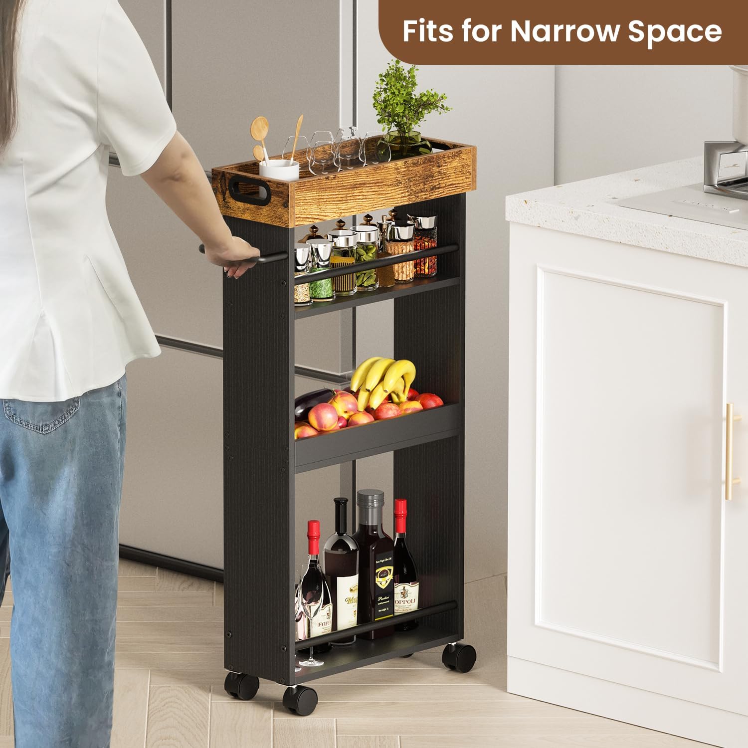 Slim Rolling Storage Cart, 4 Tier Laundry Rolling Cart with Pallets, Kitchen Carts on Wheels with Storage, Slim Cart for Small Spaces with Handle for Small Spaces for Kitchen, Bathroom, Laundry Room