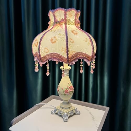Floral Victorian Lamp Green Fabric Table Lamp European Pastoral Night Stand Lamp Romantic 1 Light Cute Pink Flower Desk Light Vintage Cloth Lace Lampshade with Beaded