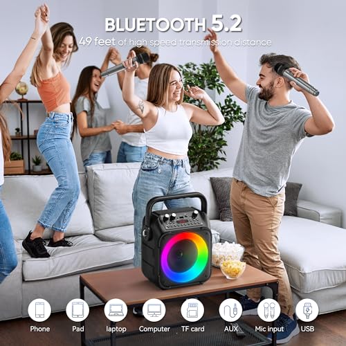 Karaoke Machine, Portable Bluetooth Speaker with 2 Wireless Microphones for Adults & Kids with Lights, Karaoke Microphone with PA System Supports USB/TF/FM/AUX for Home Party Home System Packages