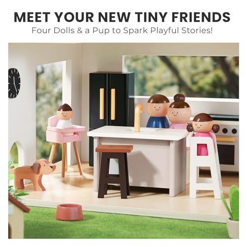 Tiny Land Doll House, Modern Family Dollhouse with Realistic Design, Wooden Dollhouse with 53Pcs Furniture - Ideal Gift for Kids Ages 3+