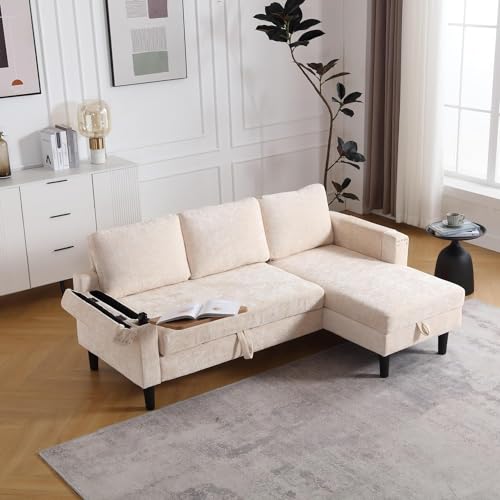 Sleeper Sectional Sofa with Storage Chaise, Side Table, L Shape Chenille Pull Out Sofa Bed, 3 Seater Convertible Couch for Living Room, Apartment, Small Space, Office, Dorm, Beige