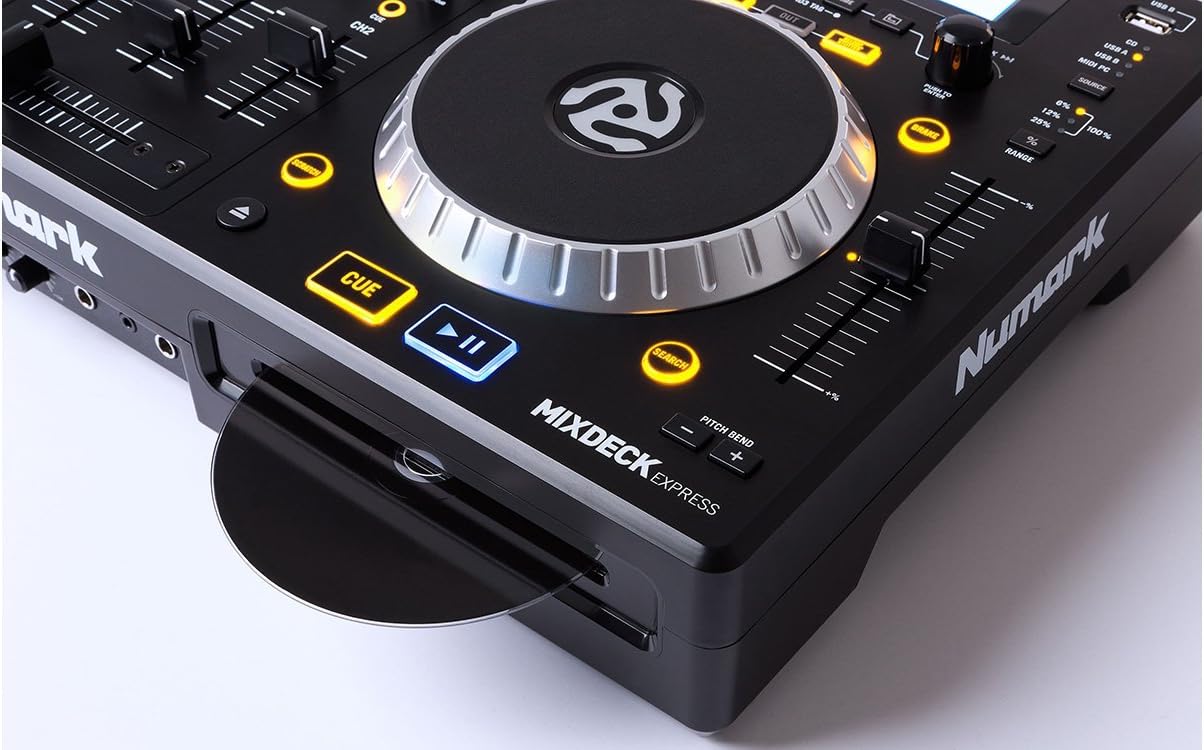 Numark Mixdeck Express DJ Controller, 2-Channel Standalone Media Player with CD, CD MP3, USB Playback, Dual Channel Mixer, Multi-Function Jog Wheels, Includes Serato DJ Intro