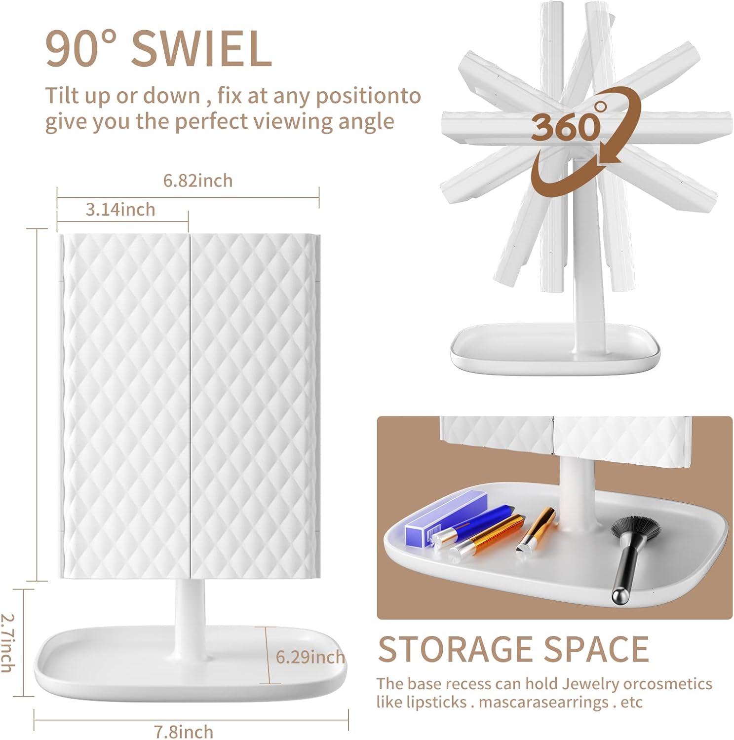 Makeup Vanity Mirror with Lights, 3 Color Lighting Modes 52 LED Trifold Portable Mirror, 1X 2X 3X Magnification, Touch Control, Dual Power Supply, 360 Degree Adjustable Stand
