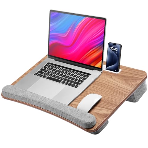 Lap Desk for Laptop with Extra Storage Pocket, Lap Desk with Cushion&Phone Holder for Home Office School, Portable Laptop Lap Desk Fits up to 17 Inch Laptops with Anti-Slip Strip & Wrist Rest Brown