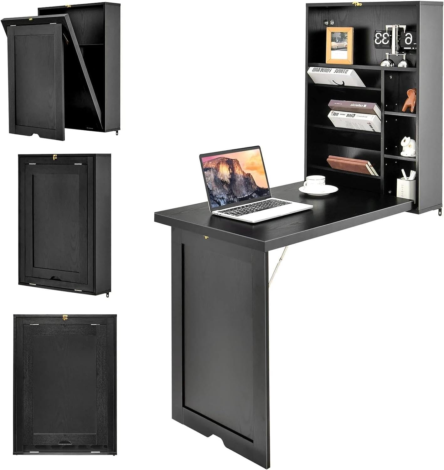 Wall Mounted Desk, Multi-Function Home Office Workstation with Storage Shelves, Space Saving Fold Out Convertible Floating Table for Bedroom, Living Room, Study Room, and Small Spaces (Black)