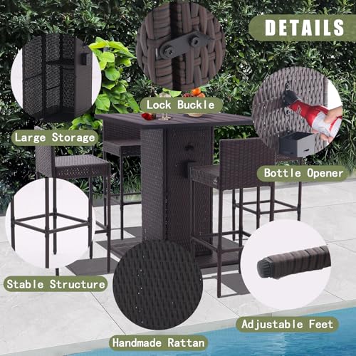 Patio Bar Set 5-Piece Outdoor Wicker Bar Set, Wicker Bar Table with Built-in Bottle Opener, Hidden Storage Shelf and 4 Stools for Outside Backyards Porches Gardens Poolside (Grey)