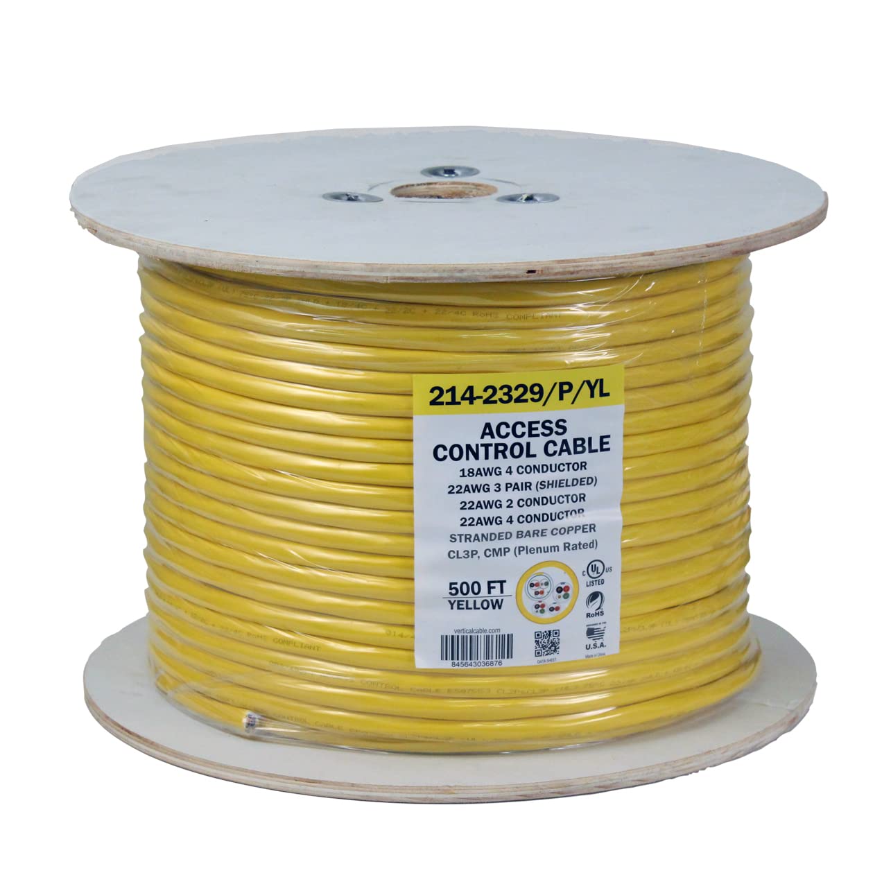 Access Control Cable Plenum: 22AWG/3 Pair Shielded + 18AWG/4 Conductor + 22AWG/4 Conductor + 22AWG/2 Conductor, Stranded Bare Copper Conductors, 500ft Spool, Yellow