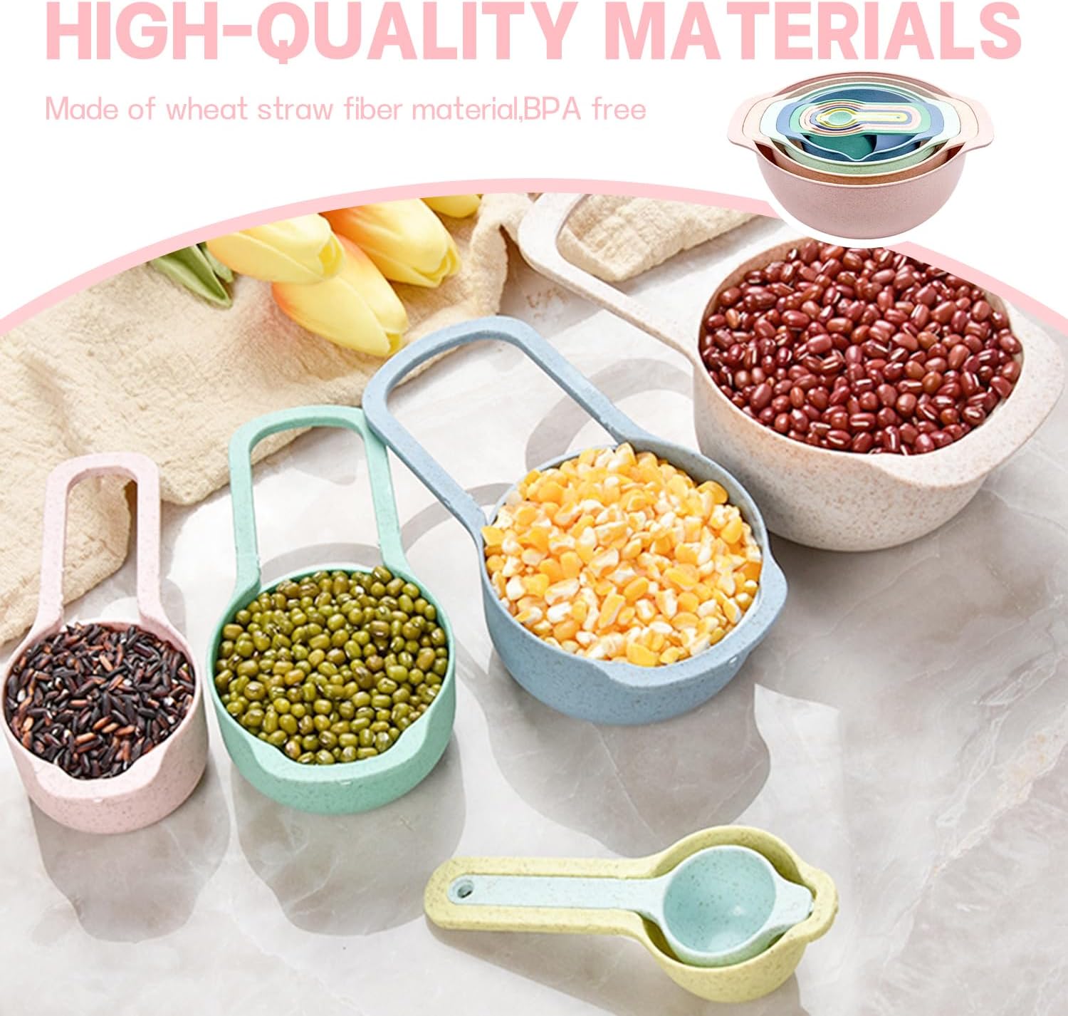 Colorful Serving Bowls for Kitchen,10 Piece Nesting Bowls with Measuring Cups Colander and Sifter Set,Ideal for Baking, Nesting Bowls for Space Saving Storage, Rv Camping Accessories, BPA Free