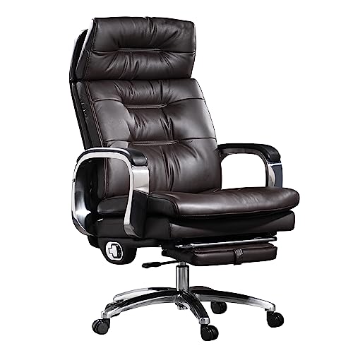 Kinnls Vane Office Chair with Footrest,Ergonomic Management Executive Fully Reclining Office Chair Double Thickened Upholstered Genuine Leather Home Desk Chairs (Without Massage-Coffee)
