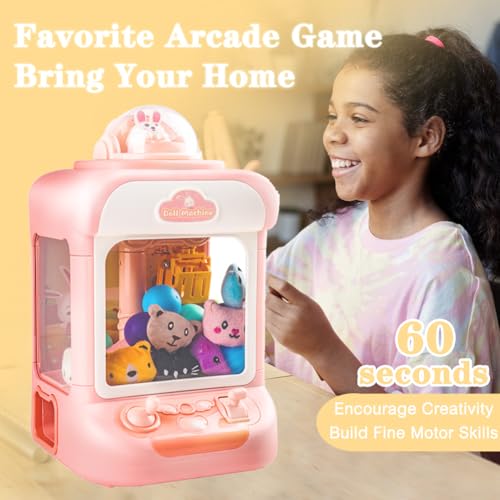 Kids Claw Machine, Mini Candy Vending Grabber, Prize Dispenser Toys for Girls and Boys, Electronic Claw Game Machine for Party Birthdays with Lights Sound, Includes 10 Plush (Pink)