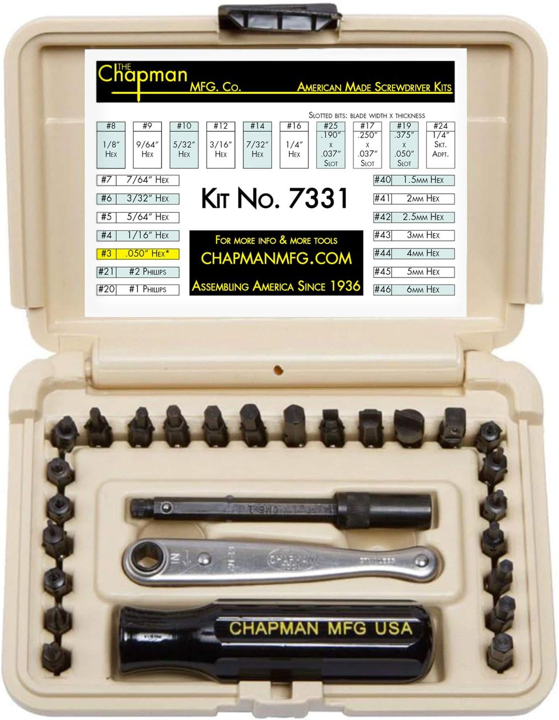 Chapman MFG 7331 All-Purpose Standard Screwdriver Set - Includes Phillips, SAE Allen Hex & Slotted/Flathead Bits - Complete Set Offers 24 USA Made Insert Bits + Mini Ratchet Hand Tool (Yellow Case)
