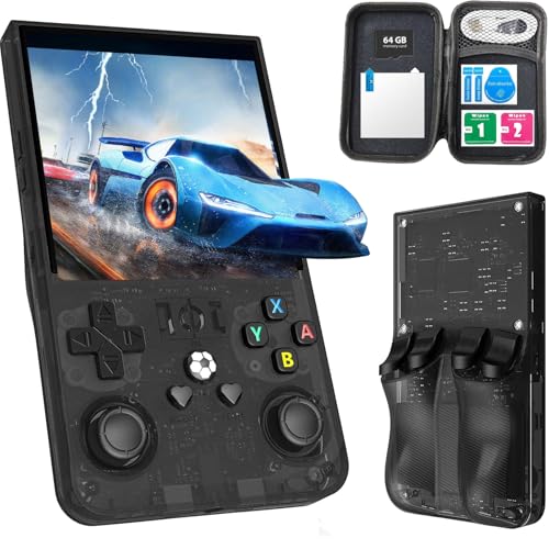R36Max Handheld Game Console, Portable Mini Retro Handheld Game Console, 4.0 Inch IPS Video Gaming Console with 64GB TF Card Over 18000+ Pre-Installed Retro Games, 4000mAh Battery (New Black)
