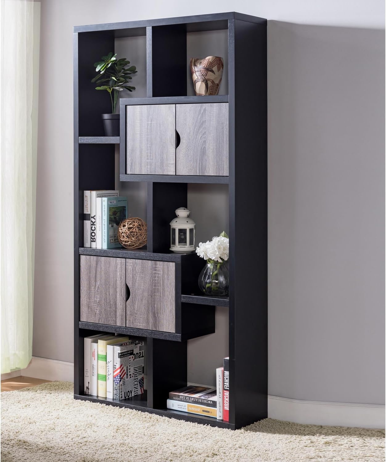Benjara Wooden Bookcase with 4 Doors and 6 Shelves, Black and Gray