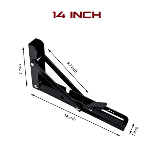 Folding Shelf Brackets 14 Inch Heavy Duty Metal Triangle Table Bench Folding Wall Mounted Shelf Bracket, Space Saving DIY Sturdy Bracket, Black 2 Pack