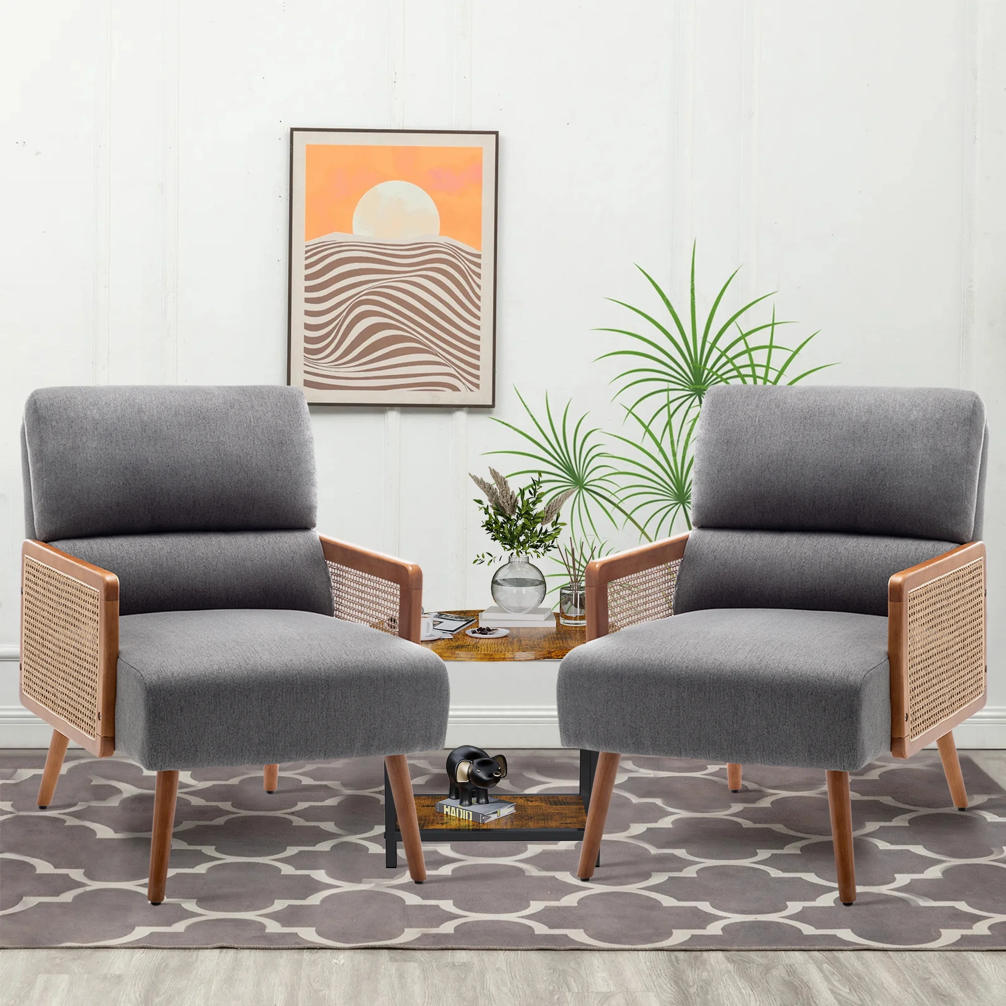 Andeworld Fabric Upholstered Living Room chairs,Mid-century Armchairs with Rattan Armrests,Single Modern Accent Chairs for Living Room,bedroom