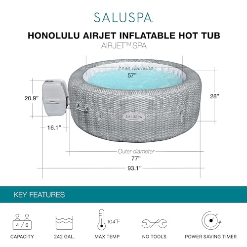 Bestway 4-6 Person SaluSpa Honolulu AirJet Inflatable Hot Tub Spa, 77