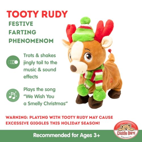Cuddle Barn | Tooty Rudy - Farting Reindeer Toy | Christmas Plush Walks, Shakes Tail, Makes Fart Noises - Sings We Wish You a Smelly Christmas | White Elephant Gift for Adults, Teens, Kids - 10 Inches