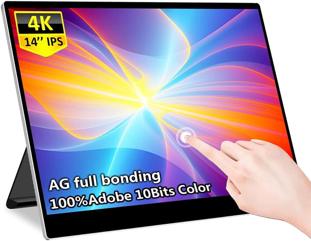 Portable Monitor Portable Touch Monitor Corkea 14 Inch 3840x2160 Laptop Monitor, USB-C/HDMI/Mini DP Display, with Rear Folding Kickstand Speakers, for Laptops/Phones, CKMG140-UT01