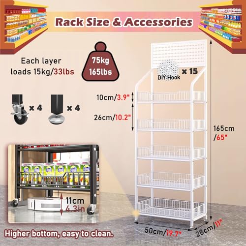 4 5 Tier Supermarket Shelf Display Rack, Commercial Snack Organizer for Home Convenience Stores Kitchen, Candy/Potato Chips Holder Stand with Wheels (Color : White, Size : 5 Tier)