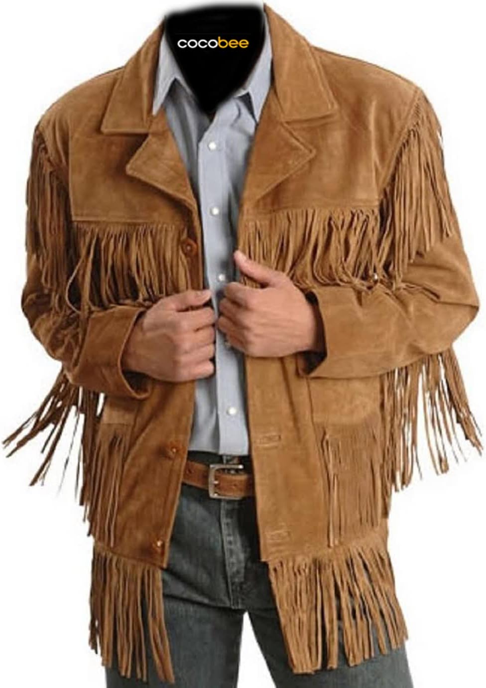 Men's Traditional Cowboy Western Leather Jacket Brown Coat with Fringe Native American Jacket Suede-M